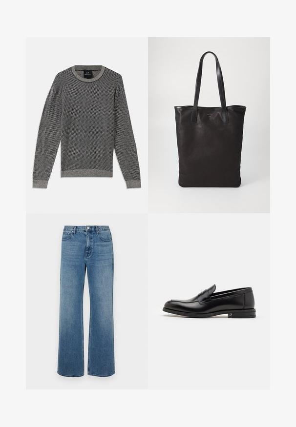 Maglione lavorato a maglia grigio con un motivo a diamante testurizzato. Presenta un colletto a girocollo e polsini a costine, con un orlo grigio uniforme.; Jeans a gamba larga blu in denim con una finitura sbiadita. Presentano cinque tasche, una chiusura con bottone frontale e una vestibilità dritta.; Mocassini neri in pelle con una texture liscia, punta arrotondata e una striscia decorativa sulla tomaia. Tacco basso impilato, design minimalista.; Borsa tote in tela nera con manici in pelle nera. Design semplice, corpo spazioso e texture liscia. Nessun logo o motivo visibile.
