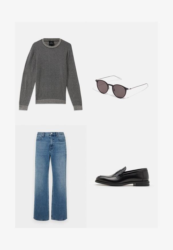 Pilkos spalvos megztinis su tekstūruotu deimanto raštu. Yra įgula apykaklė ir rankogaliai, su vientisu pilku apvadu.; Platus blaujos džinsai, pagaminti iš dėvėtos džinsinio audinio. Sukurtas su penkiomis kišenėmis, priekiniais sagčių uždarymu ir tiesiu kirpimu.; Juodos odinės loafers, turinčios lygų paviršių, apvalią noselę ir dekoratyvinę juostą per priekinę dalį. Žemas krentantis kulnas, minimalistinis dizainas.; Juodos apvalios saulės akinių su tamsiais lęšiais ir plonomis metalinėmis šakomis. Įtraukti skaidrūs šventyklų galai ir sidabriniai akcentai vyrio srityje. Minimalistinis dizainas.