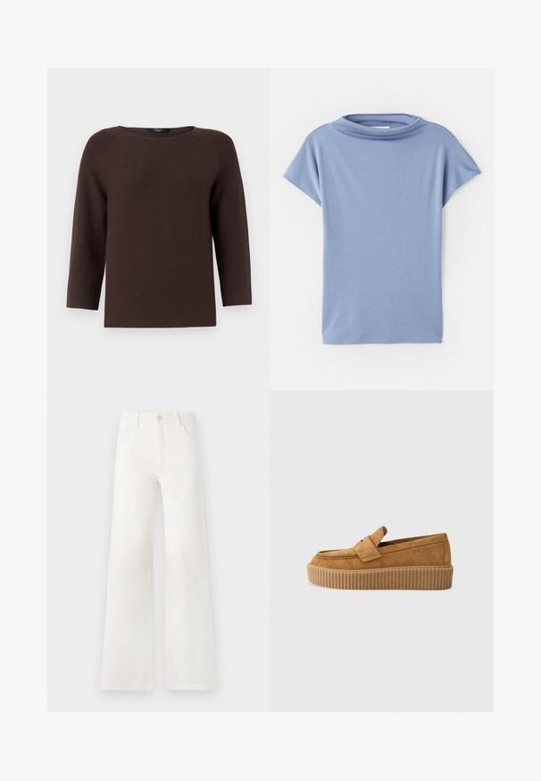 Pull en tricot marron avec un col rond et des manches raglan à trois quarts. Présente un motif texturé et une coupe droite.; Haut bleu clair à manches courtes fabriqué dans un tissu doux. Présente un col rond et une coupe ample, avec des ourlets propres et sans motifs.; Jean large blanc taille haute en denim. Se ferme par un bouton, dispose de deux poches avant et de coutures détaillées sur les côtés.; Mocassin en daim brun à bout rond, avec une semelle plateforme striée et une bande décorative sur le dessus.