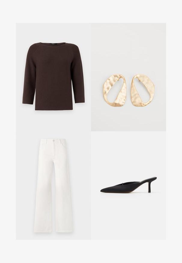 Bruine gebreide trui met een ronde halslijn en driekwart mouwen. Heeft een gestructureerd patroon en een rechte snit.; Witte, hoogwaist, wijde jeans van denim. Heeft een knoopsluiting, twee voorkruiszakken en zijnaadstiksel details.; Zwarte muiltje met spitse neus en een strak ontwerp, gemaakt van gladde stof, met een slanke hak en open achterkant voor gemakkelijk aan- en uittrekken.; Een paar onregelmatig ovale, gouden metalen oorbellen met een gestructureerd, lichtgehamerd oppervlak op een witte achtergrond.