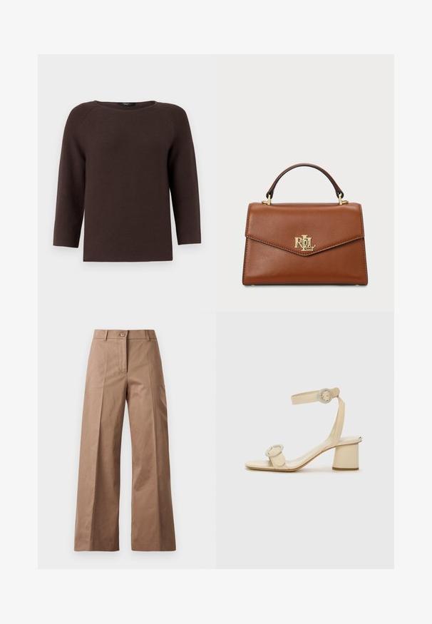 Rudas megztinis su apykakle ir trijų ketvirčių ilgio raglan rankovėmis. Yra tekstūruotas raštas ir tiesus kirpimas.; Rudos plačios kojų kelnės, pagamintos iš lygios medžiagos, su priekiniais mygtukais, dviem priekinėmis kišenėmis ir švariomis, pritaikytomis linijomis.; Šviesiai rudos spalvos aukštakulniai šlepetės minimalistiniu dizainu, su dviem apvaliais akcentais ir masyviu kulnu. Pagamintos iš lygaus odos.; Ruda oda rankinė su struktūrizuotu dizainu, viršutine rankena, auksiniais akcentais ir logotipo elementu priekyje. Lygus paviršius.