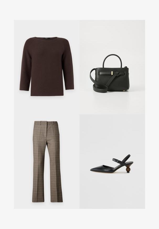 Rudas megztinis su apykakle ir trijų ketvirčių ilgio raglan rankovėmis. Yra tekstūruotas raštas ir tiesus kirpimas.; Rudi dryžuoti kelniai su tiesia kojų forma, pasižymintys tekstūruota medžiaga ir subtiliomis smėlinėmis bei tamsiai rudos spalvos atspalviais rašte.; Juodos odinės slingback tipo bateliai su smailiu nosiu, išlenktu dizainu ir apvaliu medžio imitacijos kulnu. Pabrėžia siauras kulkšnies dirželis.; Juodas odinis rankinė su tekstūruotu paviršiumi, viršutiniais rankenėlėmis ir ilgu reguliuojamu diržu. Priekyje turi auksinės spalvos apdailą.