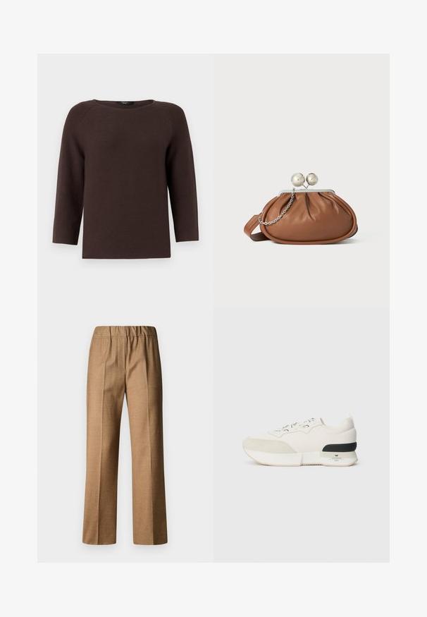 Rudas megztinis su apykakle ir trijų ketvirčių ilgio raglan rankovėmis. Yra tekstūruotas raštas ir tiesus kirpimas.; Rudos, tekstūruoti kelnes su laisvu kirpimu, plačiomis kojomis ir elastingu juosmeniu. Siuvinėtas dizainas su priekine raukšle.; Balti sportiniai bateliai su tekstūruotu zomšiniu priekiu, sklandžiu tinkliniu viršumi, dekoratyviomis raištelėmis ir juodu guminiu kulno akcentu.; Ruda odinė rankinė su sidabriniu rutuliniu užsegimu ir maža sidabrine grandinėle ant balto fono.