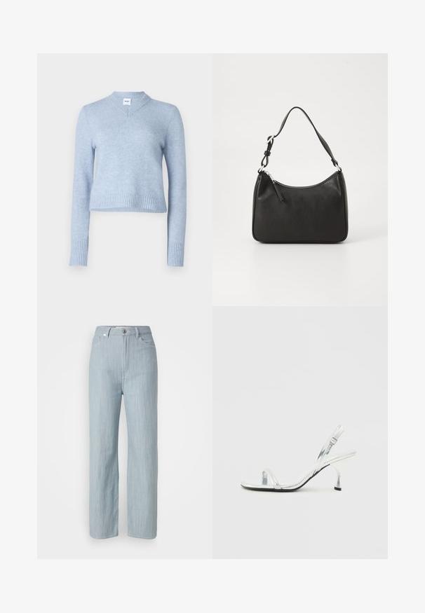 Light blue cropped sweater made of soft fabric. Features a V-neckline and ribbed cuffs and hem for added texture.; Light blue straight-leg jeans made of denim. Features five pockets, a metal button closure, and subtle whiskering for texture.; Silver patent leather slingback high heel sandal with a narrow toe strap, adjustable buckle, and a slender heel.; Black leather handbag with a curved shape, a single strap, zip closure, and subtle branding on the front. Smooth texture, minimalist design.