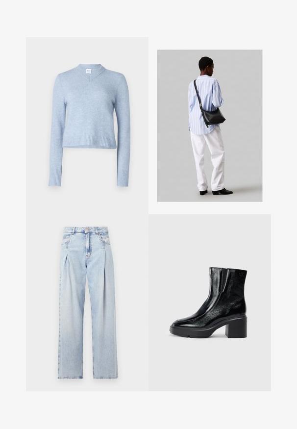 Ανοιχτό μπλε κοντό πουλόβερ από μαλακό ύφασμα. Διαθέτει V-λαιμόκοψη και ριμπ μανσέτες και στρίφωμα για επιπλέον υφή.; Ανοιχτό μπλε τζιν παντελόνι με ψηλή μέση, φαρδιά γραμμή, δύο πλαϊνές τσέπες και σχέδιο με πτυχώσεις. Μαλακή υφή με ξεθωριασμένο φινίρισμα.; Μαύρες πατενταρισμένες δερμάτινες μπότες στον αστράγαλο με καμπυλωτή μύτη, ελαστικές πλαϊνές πινακίδες και χοντρό μπλοκ τακούνι. Διαθέτουν ανάγλυφο λογότυπο στο πίσω μέρος.; Μαύρη δερμάτινη τσάντα ώμου με απαλή υφή, τριγωνικό σχήμα και ρυθμιζόμενο λουρί, συνδυασμένη με ένα ανοιχτό μπλε ριγέ πουκάμισο και λευκό παντελόνι.
