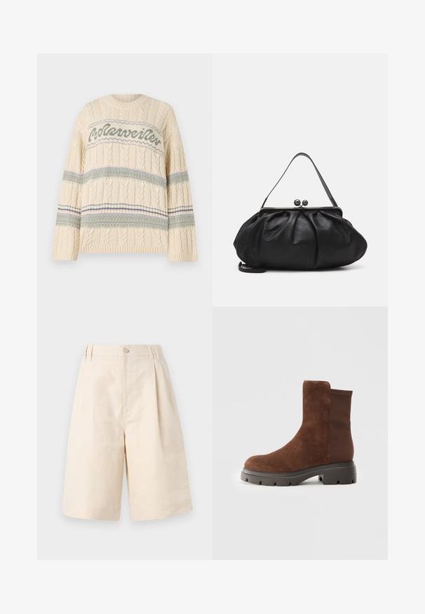 Holzweiler LOGO CREW - Trui - ecru; Beige linnen shorts met een relaxte pasvorm, voorzien van een knoopsluiting, geplooid ontwerp en knie-lange snit. Glad textuur en eenvoudig stijl.; Bruine suede enkellaars met elastische zijpanelen, ronde neus en een dikke rubberen zool met een gestructureerd loopvlakpatroon.; Zwarte leren handtas met een afgerond, geplooid ontwerp. Voorzien van een metalen sluiting met twee decoratieve bollen en een smalle, afneembare schouderband.