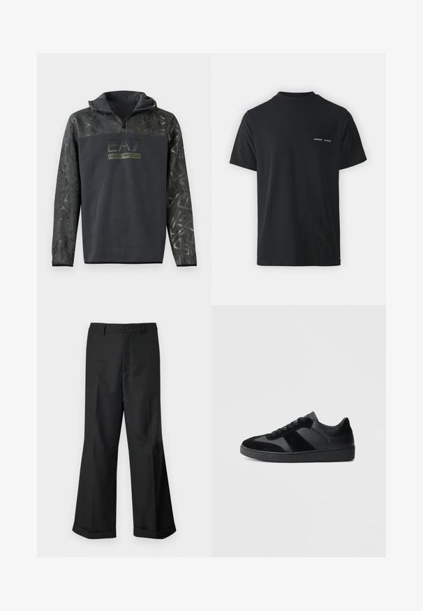 Fekete kapucnis pulóver fél cipzárral, a karokon texturált grafikai mintázattal és sötétzöld logónyomattal a mellrészen.; Fekete pamut póló klasszikus kerek nyakkal, rövid ujjakkal, és két kicsi fehér "SAMSØE" logóval a bal mellen.; Fekete, bő szárú nadrág gombos derékkal és felhajtott szegélyekkel, sima fehér háttér előtt bemutatva.; Fekete tornacipők, sima bőr és velúr anyagok keverékével, texturált fekete gumitalppal és finom csíkozásos részletekkel.