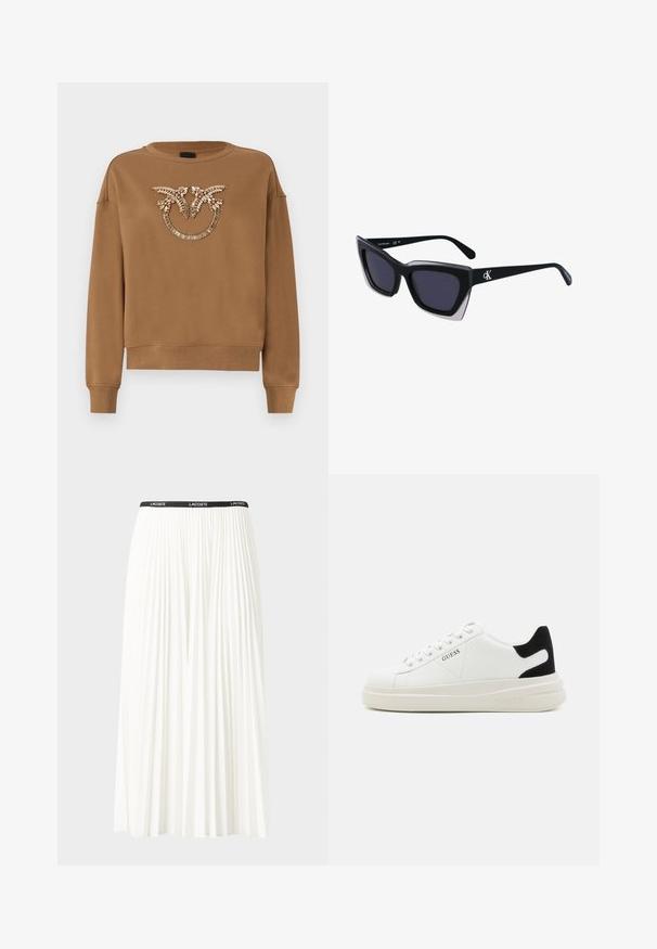 Brun genser med rund hals, lange ermer og dekorative perlepynt i blomstermønster på forsiden. Myk tekstur.; Plissert hvit skjørt med en svart elastisk midje som har "LACOSTE"-logoen. Midjelengde design med myk tekstur.; Hvite lær sneakers med tykk hvit såle, svart semsket hælforsterkning og preget logo på siden. Snøresystem med seks hull.; Store svarte solbriller i overdimensjonert størrelse med geometrisk form, med mørke linser og en kontrasterende grå detalj på rammen. Logo på armen.