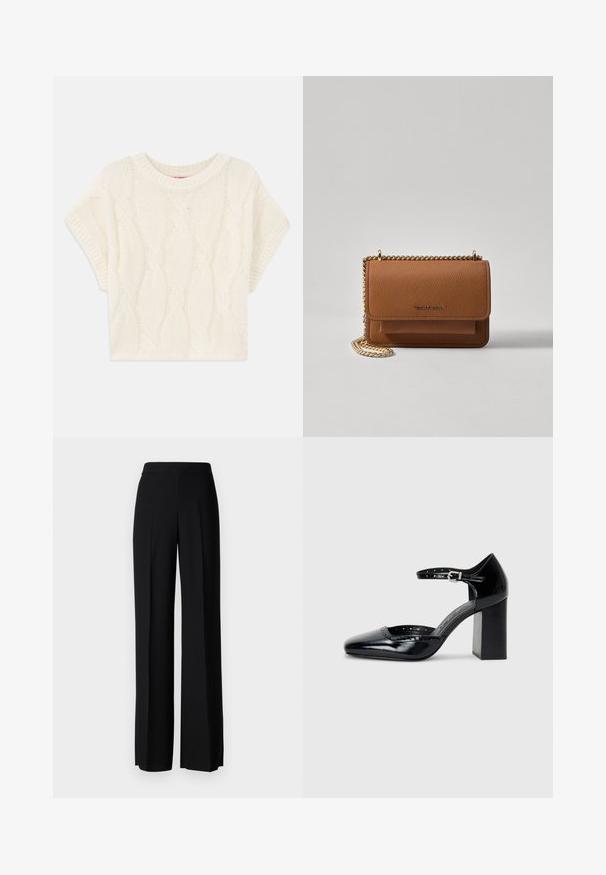 Kreemist kaelakudumistelt lühikeste varrukatega lühike sviiter, millel on ümmargune kaelus. Tekstureeritud muster lisab visuaalset huvi. Pehme, kudumisega materjal.; Mustad laiad püksid mustas värvitoonis, sujuva tekstuuri ja kõrge vöökoha ning keskmiste voldikutega. Ilma nähtavate mustrite või tarvikute detailideta.; Mustad lakknahk kingad kõrge kontsaga, ruudukujulise varbaga, pahkluu rihmaga ja paksu kontsaga. Sisaldab perforatsioonidega detaile ääres.; Pruun tekstureeritud nahk ristkeha kott kuldse ahelaga rihmaga ja klapiga sulgemine. Esiküljel on logo detail ja tasku klapi all.