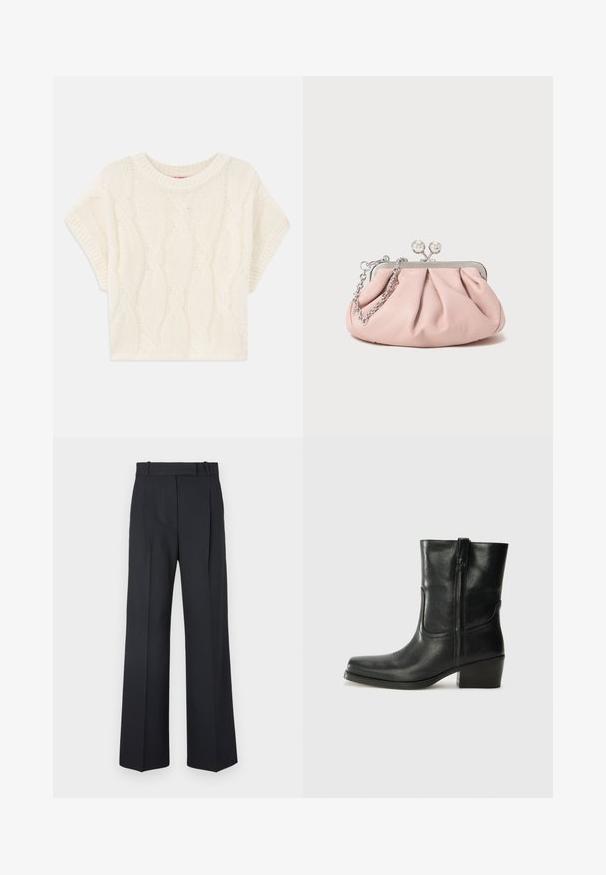 Maglione corto a trecce di colore crema con scollo rotondo e maniche corte. Il motivo testurizzato aggiunge interesse visivo. Tessuto morbido e lavorato a maglia.; Pantaloni a righe blu scuro con vita alta, design a gamba larga e senza hardware o decorazioni visibili. Tessuto liscio e vestibilità sartoriale.; Stivale ankle in pelle nera con punta arrotondata, tacco a blocco, cerniera laterale e dettagli in cucitura sulla tomaia. Texture liscia, design classico.; Borsa a mano in pelle rosa con design arricciato, telaio in metallo, due chiusure rotonde e tracolla in catena argentata. Texture liscia, forma compatta.