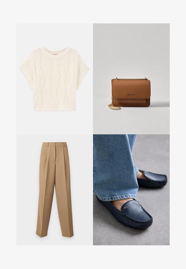 Krémový svetrový top s pleteným vzorom, skrátený, s okrúhlym výstrihom a krátkymi rukávmi. Textúrovaný vzor pridáva vizuálny záujem. Mäkko pletená tkanina.; Krémové upravené nohavice s vysokým pásom, skladaným predkom a širokým strihom. Tkanina sa zdá byť hladká s jemným leskom.; MICHAEL Michael Kors EVE - Mokasíny - navy; Hnedá textúrovaná kožená taška cez telo s zlatým reťazovým popruhom a preklopným uzáverom. Predná strana obsahuje detail s logom a vrecko pod preklopkou.