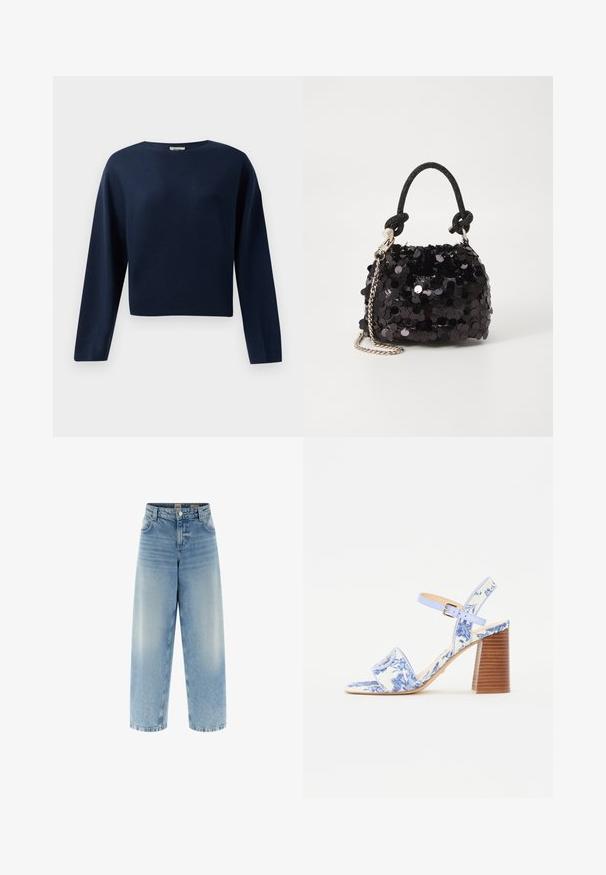 Pulover scurt, cu mânecă lungă, de culoare albastru marin, cu guler rotund, expus pe un fundal alb.; Jeanși din denim albăstrui largi, cu talie înaltă, spălare deschisă, estompare subtilă, cusături duble și închidere cu buton în față.; Sandale cu imprimeu floral albastru, cu vârf pătrat, o curea lată și o curea ajustabilă la gleznă, având un toc bloc din lemn texturat.; Geantă mini neagră cu paiete, cu un umar texturat înnodat și un lanț argintiu. Formă rotundă cu partea de sus adunată și detalii reflectorizante.
