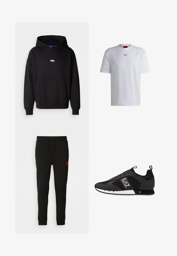 Musta huppari pehmeästä kankaasta, jossa on etupuolella kengurulaukku ja pieni valkoinen "HUGO"-logo rinnassa.; Valkoinen puuvillapaita lyhyillä hihoilla, pyöreällä kaula-aukolla ja mustalla "HUGO"-logolla rinnassa. Tasainen rakenne, rento istuvuus, ei kuoseja.; Mustat collegehousut, jotka on valmistettu pehmeästä kankaasta, jossa on nyörikiinnitys vyötäröllä, slim fit -malli ja punainen logopatchi vasemmassa reidessä.; EA7 Emporio Armani LACES UNISEX - Matalavartiset tennarit - black/white