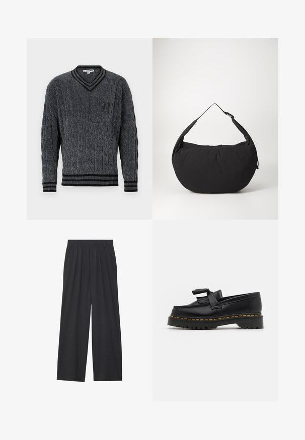 Szürke kötött pulóver, kábelmintával. V-nyakú dizájn, fekete bordás szegély a gallérnál és az alsó részen. A mellrészen egy kis fekete logó található.; Sötétszürke anyagból készült, bő szárú nadrág. Ráncokkal a deréknál, elegáns fazonnal és egyenes sziluettel rendelkezik.; Fekete bőr mokaszin, rojtos díszítéssel, masszív fekete talppal és sárga varrással az élén. Texturált felület.; Fekete szövet válltáska ívelt formával, egyetlen pánttal és cipzáras záródással. Puha tapintás, minimalista dizájn.