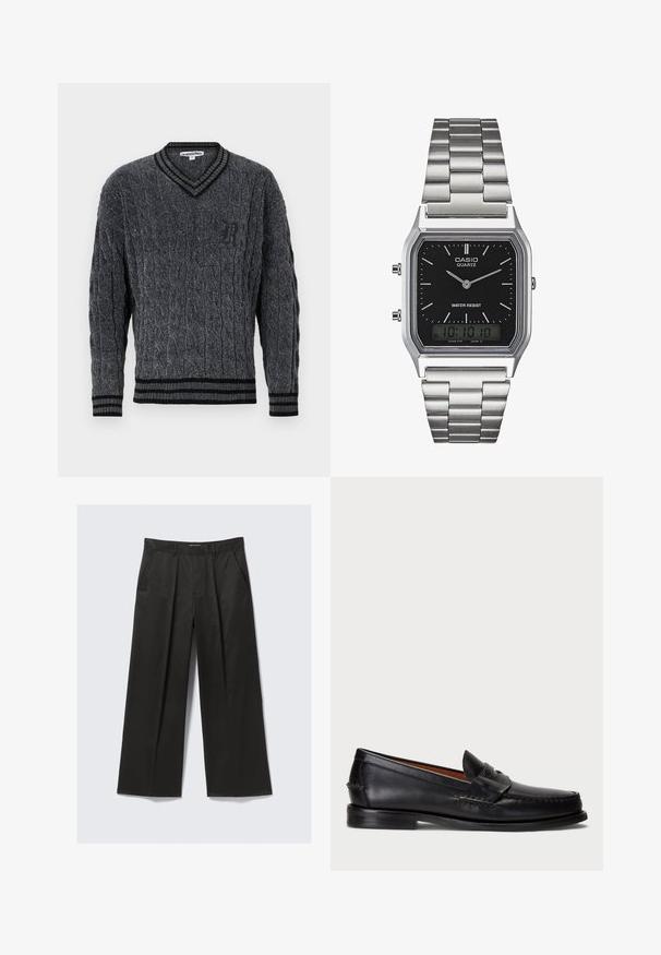 Gray knitted sweater with cable pattern. V-neck design, black ribbed trim at collar and hems. Features a small black logo on the chest.; Black wide-leg trousers with a smooth texture, featuring two front pockets and a slightly raised waistband.; Black leather loafer with a rounded toe, stitched detailing, and a decorative strap across the front. Flat sole with minimal profile.; Silver stainless steel quartz watch with a black rectangular face, featuring analog hands, digital display, and water resistance label.