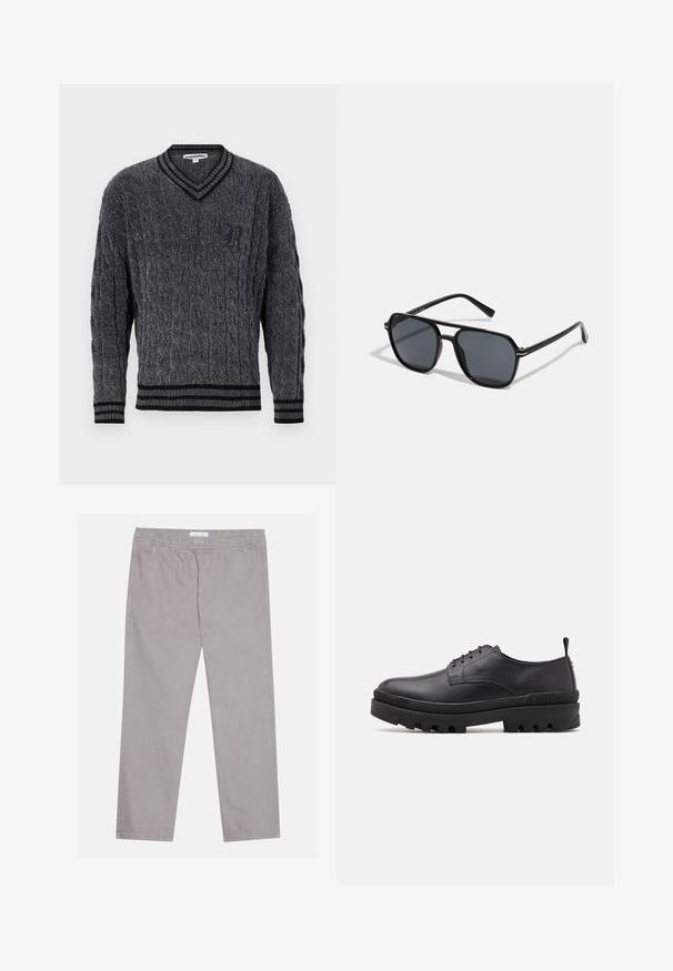 Grauer gestrickter Pullover mit Kabelmuster. V-Ausschnitt-Design, schwarzes Rippbündchen am Kragen und den Säumen. Hat ein kleines schwarzes Logo auf der Brust.; Hellgraue Baumwollhose mit elastischem Bund, zwei seitlichen Taschen, geradem Beinschnitt und glatter Textur. Simple Nahtdetails.; Schwarzer Lederschuh mit abgerundetem Fuß, Schnürdesign und massiver Gummisohle. Verfügt über eine Zuglasche an der Ferse und strukturierte Akzente.; Schwarze Sonnenbrille mit achteckigem Rahmen, dunklen Gläsern, glänzender Oberfläche, dünnen Bügeln und goldenen Akzenten auf der Vorderseite.