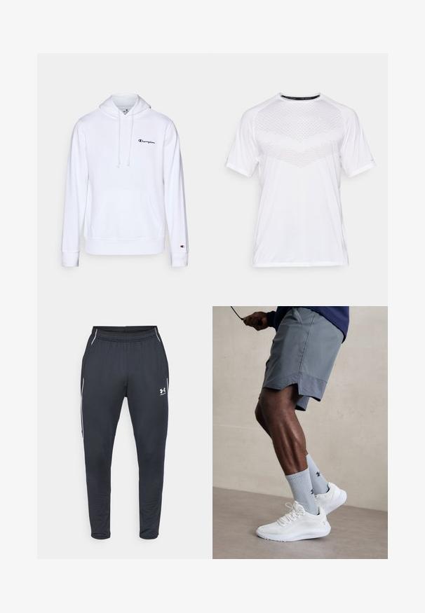 Witte hoodie van zachte katoen, voorzien van een voordoekzak, een capuchon met trekkoord en een zwart geborduurd logo op de borst.; Witte sportieve t-shirt met korte mouwen en een getextureerd geometrisch patroon aan de voorkant, gemaakt van lichte stof, met een ronde halslijn en een relaxte pasvorm.; Zwarte sportbroek van gladde stof, met een elastische tailleband, taps toelopende benen en witte zijstrepen. Inclusief een Under Armour-logo.; Witte sportschoenen met een textuur van gaas aan de bovenkant, gecombineerd met lichtblauwe geribde sokken met een logo. Grijze sportshorts met geperforeerde accent.