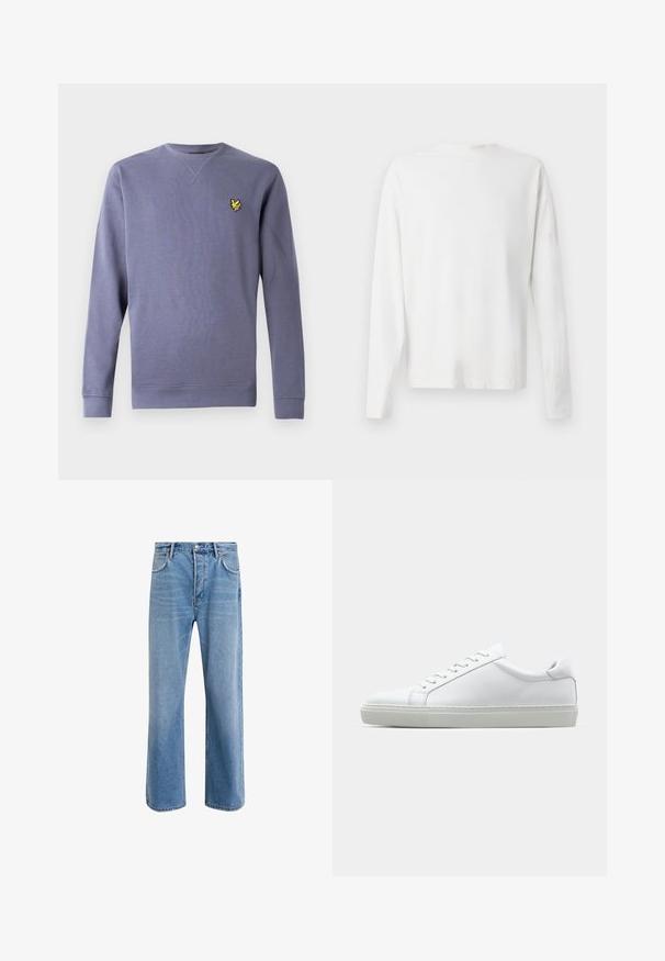 Purple crew neck sweatshirt made from soft fabric, featuring ribbed cuffs and hem, with a small embroidered yellow logo on the chest.; Long-sleeved white cotton shirt with a round neckline, side slits at the bottom, and a smooth texture, displayed from the back.; Light blue denim jeans with a straight-leg design, five pockets, button closure, minimal fading, and contrasting stitching details.; White sneaker with a smooth leather upper and a low profile. Features a rounded toe, six eyelets, and a textured rubber sole.