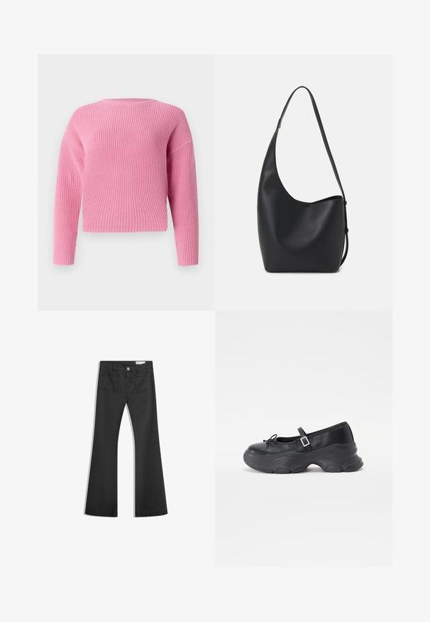 Roze gebreide trui met een kort ontwerp, lange mouwen en een geribbelde textuur. Eenvoudige ronde halslijn en geen zichtbare sluitingen.; Zwarte flared jeans van denim met een gladde textuur, voorzien van twee achterzakken en een knoopsluiting bij de taille.; Zwarte leren Mary Jane-schoen met een ronde neus, strikdetails en een verstelbare enkelband. Beschikt over een chunky rubberen zool met gebogen accenten.; Zwarte leren hobo tas met een gladde textuur, kromme vorm en een enkele verstelbare schouderband; heeft een brede opening aan de bovenkant.