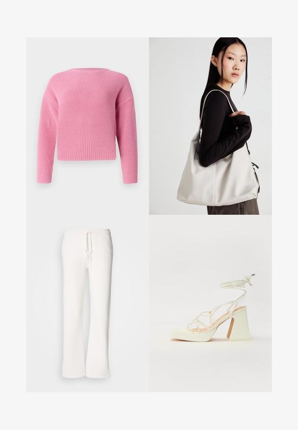 Maglione rosa lavorato a maglia con design cropped, maniche lunghe e una texture a coste. Collo rotondo semplice e senza chiusure visibili.; Pantaloni della tuta bianchi, a vestibilità ampia, realizzati in tessuto morbido, con vita elastica dotata di laccetto e design a gamba dritta.; Sandalo bianco con tacco alto, caratterizzato da un design a cinturini e un legaccio alla caviglia. Texture liscia con una piattaforma frontale per un'altezza aggiuntiva.; Borsa a mano beige realizzata in materiale morbido, caratterizzata da un design morbido, dettagli cuciti e due manici. Adatta per l'uso quotidiano.