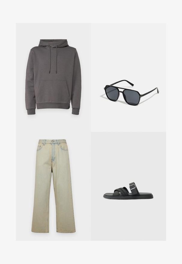 Grå hettegenser laget av mykt materiale, med kengurulomme, justerbar snorhette og ribbestrikkede mansjetter og hem. ; Lyseblå vide jeans laget av denim med en falmet finish. Har fem lommer og en frontlukking med knapp.; Svarte sandaler med flettede stropper, flat såle og spenne ved ankelen. Laget av syntetisk materiale med jevn finish.; Sorte solbriller med ottekantet ramme, mørke linser, blank finish, tynde stænger og guld accenter på fronten.