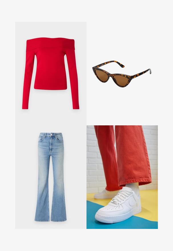 Red off-the-shoulder long-sleeve top made from ribbed fabric. Fitted design with a wide collar and smooth texture.; Light blue flared jeans made of denim, featuring a high waist, five-pocket design, and subtle gradient fading towards the hem.; White leather sneaker with perforated toe box, textured sole, and white laces, paired with wide red pants and a blue and yellow background.; Cat-eye sunglasses with a black and orange tortoiseshell frame, brown lenses, and sleek, pointed tips. Features a minimal logo on the temple.