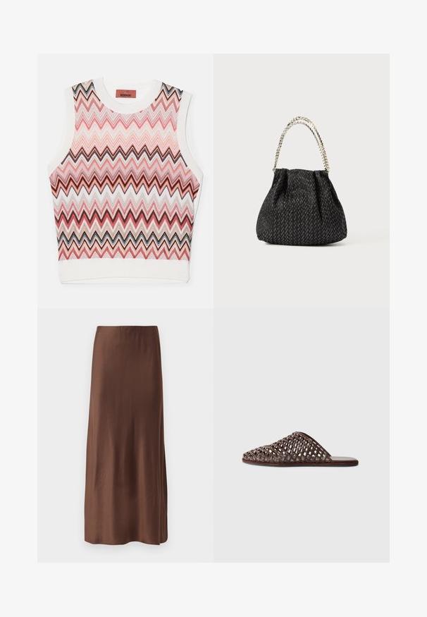 Õlavarreta lühike topp, millel on siksakiline muster roosa, musta ja valge tooni, valmistatud tekstuurist kootud kangast, millel on soonikkoes äär.; Pruun satiinist midi seelik sileda tekstuuriga, sirge lõikega ning ilma nähtavate mustrite või kaunistusteta. Lihtne ja elegantne disain.; Pruun kudumine slaidisandaal ümmarguse varbaga, avatud disainiga, lame tallaga ja tekstureeritud pinnaga. Kerge materjal ja minimalistlik siluett.; Must have mustreeritud must kott, millel on kalakee mustriga kangas, selline volangide disain ja metallist kettaga sang. Pehme kangas pakub sujuvat välimust.