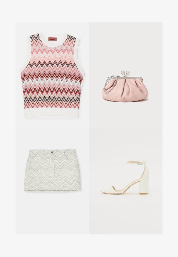 Ujjatlan, rövid top zigzag mintával, rózsaszín, fekete és fehér árnyalatokkal, texturált kötött anyagból, bordázott díszítéssel.; Fehér szoknya szürke cikkcakk mintával, gombos záródással, két oldalsó zsebbel és egyenes fazonnal. Texturált anyagból készült.; Fehér bőrsarkú szandál bokaankarral és csattal, minimális dizájnnal. Nyitott orrú és sima textúrákkal az egész felületen.; Rózsaszín bőr clutch táska gyűrt dizájnnal, fém kerettel, két kerek csattal és ezüst lánccal. Sima textúrájú, kompakt formájú.