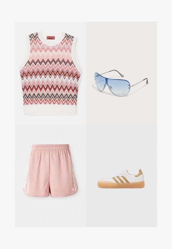 Kleita bez piedurknēm ar zigzaga rakstu, kas veidota rozā, melnā un baltā krāsā, izgatavota no teksturēta adīta auduma ar ribota apdari.; Rozā sporta šorti ar elastīgu jostu, sānu baltas stripes detaļas un neliels logotips apakšējā kreisajā frontē. Gluda auduma tekstūra.; Baltie sporta apavi ar beigžu akcentiem, ar trim svītrām, noapaļota purngala daļa un caurspīdīga gumijas zole. Gluda ādas un tekstila materiālu kombinācija.; Pilotstila saulesbrilles ar gradienta zilām lēcām, sudraba metāla rāmjiem un dekoratīvām zvaigžņu akcentiem uz lēcām. Gluda un eleganta dizaina.