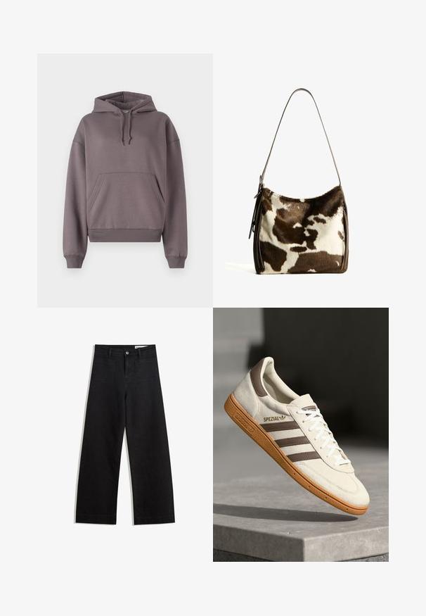 Mikina s kapucňou v tlmenej šedej farbe, so predným klokankovým vreckom, ribbenými manžetami a lemom, vyrobená z mäkkého, štruktúrovaného fleecového materiálu.; Čierne denimové nohavice s širokými nohavicami a vysokým pásom, so prednými a zadnými vreckami, šitými švami a zapínaním na gombík. Hladká textúra.; Biele suedené tenisky s hnedými koženými akcentmi, tromi hnedými pruhmi a bielymi šnúrkami. Majú textúrovanú gumovú podrážku a zlaté logo "SPEZIAL".; Hnedo-krémová kravská koža cez plece s hladkým koženým remienkom, zipsovým uzáverom a mäkkým, textúrovaným povrchom s prírodným vzorom.
