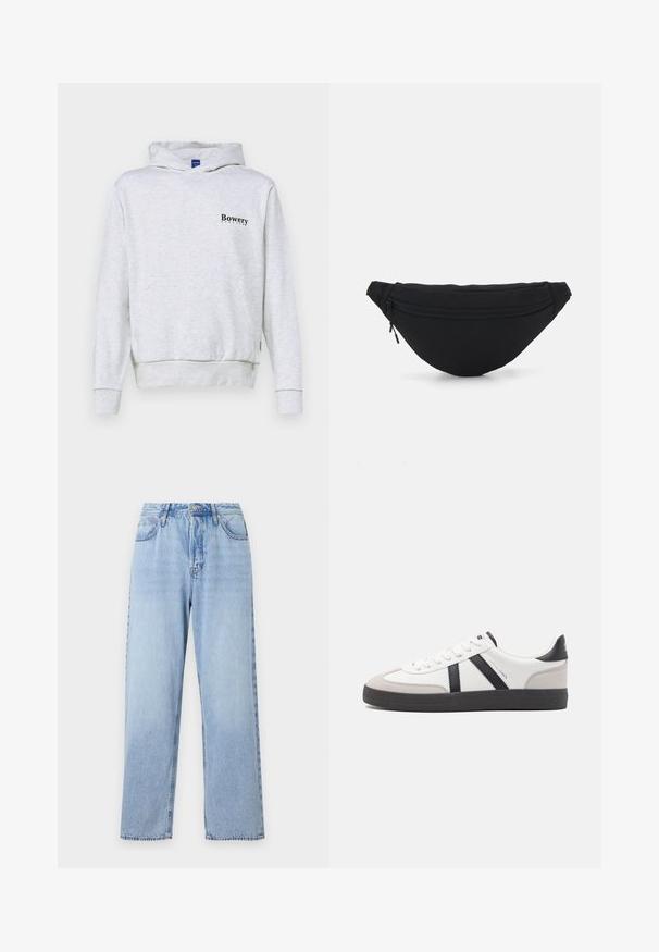 Lichtgrijze hoodie met een kangoeroezak, ribgebreide manchetten en zoom. Voorzien van "Bowery" in het zwart gedrukt op de linkerkant van de borst. Gemaakt van een katoenmix.; Bruin gebreid pullover met een polo kraag, drie knopen bij de hals en lange mouwen. Zachte textuur, geribde manchetten en zoom.; Lichtblauwe denim jeans met een rechte pasvorm, hoge taille, vijf zakken en sluiting met bovenste knoop. Kenmerkt zich door een vervaagde wassing en contrasterende stiksels.; Witte sneaker met zwarte en grijze accenten, voorzien van een grijze neus met textuur, zwarte rubberen zool en platte witte veters. Schoon ontwerp, minimalistische stijl.; Zwarte stof heuptas met een afgeronde vorm, voorzak met rits en een gladde textuur. Geen zichtbare patronen of accenten. Lichtgewicht ontwerp.