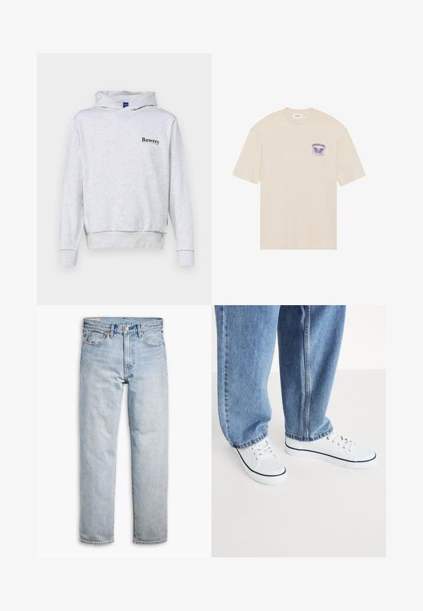 Ljusgrå hoodie med känguruficka, ribbade ärmslut och nederkant. Har "Bowery" tryckt i svart på vänster bröstområde. Tillverkad av bomullsblandat material.; Beige bomullströja med en lila fjärilsdesign och ordet "OBSCURE" på vänster bröstområde, korta ärmar och rundad halslinning.; Ljusblå denimjeans med rak benstruktur, knappstängning, femfickorsdesign och subtila blekningseffekter över tyget.; Vita canvas sneakers med marinblå detaljer, rund tå och snörningsdesign, kombinerat med ljusblå denimjeans i en avslappnad passform.