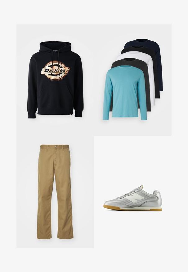 Crna dukserica s kapuljačom koja sadrži veliki grafički logo u narančastoj i krem boji, kengurska džep i podešavanje kapuljače. Izrađena od mekanog pamučnog materijala.; Pet dugih rukava u nizu: tirkizna, crna, bijela, tamno siva i mornarsko plava. Mekani materijal s dizajnom okruglog izreza i standardnim krojem.; Kaki chinos s ravnim krojem, napravljeni od glatke pamučne tkanine. Imaju prednje kopčanje na dugme i bočne džepove.; Srebrna atletska cipela s glatkom, sjajnom površinom, bijelim logotipom sa strane, teksturiranim sivim vezicama i gumiranim potplatom.