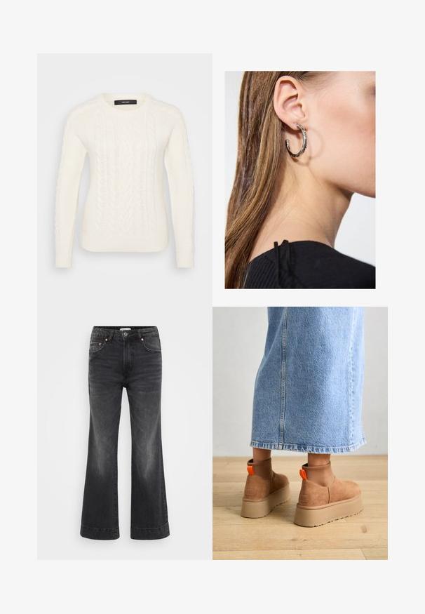 Weißer Strickpullover mit strukturiertem Zopfmuster, Rundhalsausschnitt sowie ribbed Bündchen und Saum. Hergestellt aus einem weichen, warmen Material.; Schwarze weite Jeans mit hoher Taille, aus Denim gefertigt. Besitzt vordere Taschen, Kupferriegel und sichtbare Nähte entlang der Säume.; Braune Wildleder-Plateau-Stiefel mit elastischen Seitenpaneelen und orangen Zuglaschen, kombiniert mit einem knielangen hellen Jeansrock auf einem Holzboden.; Silberne Creolen mit polierter Oberfläche, die kleine goldene Akzentdetails und eine runde Form aufweisen, am Ohrläppchen getragen.