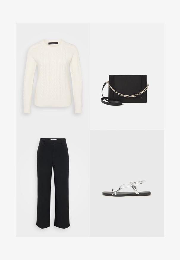 Pull en tricot blanc avec un motif de câble texturé, col rond et poignets et ourlet côtelés. Fabriqué à partir d'un matériau doux et chaud.; Pantalon large noir avec une texture lisse, doté d'une taille plate et de poches latérales, conçu avec une esthétique minimaliste.; Sandales métalliques argentées au design minimaliste, dotées de fines lanières et d'une semelle plate noire. Les points forts incluent des accents de lanières croisées.; Sac bandoulière en cuir noir avec une texture lisse, de forme rectangulaire et un détail en chaîne métallique à l'avant. Sangle réglable incluse.