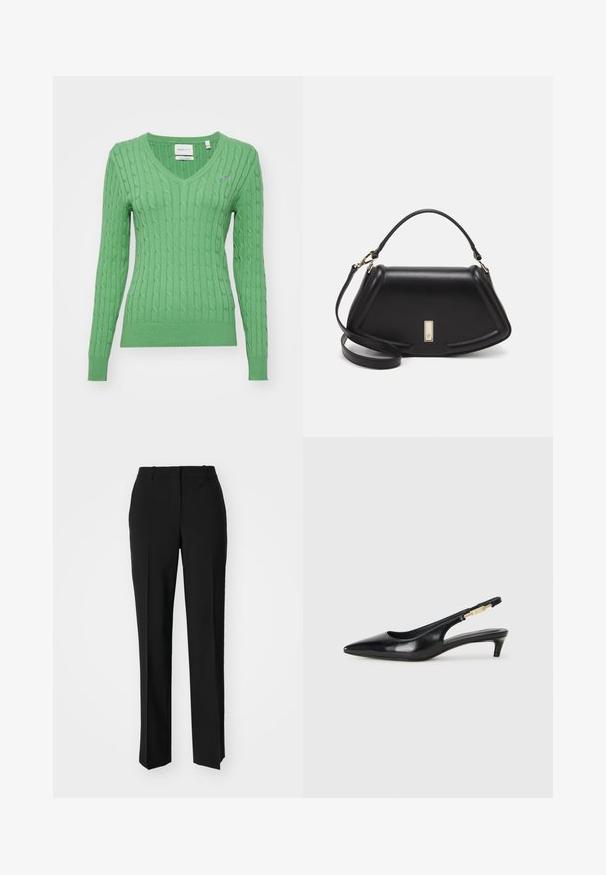 GANT STRETCH CABLE V-NECK - Maglione - seacrest green; Pantaloni neri su misura con un design a gamba dritta, caratterizzati da una texture liscia e pieghe ben definite sul davanti. Senza hardware visibile.; Tacchi slingback in pelle nera con punta affusolata, caratterizzati da un tacco alto e un accento dorato sulla cinghia regolabile. Texture liscia.; Borsa a mano in pelle nera con un design strutturato, caratterizzata da una forma corta, manico superiore e accessori in metallo dorato. Inclusa tracolla regolabile.