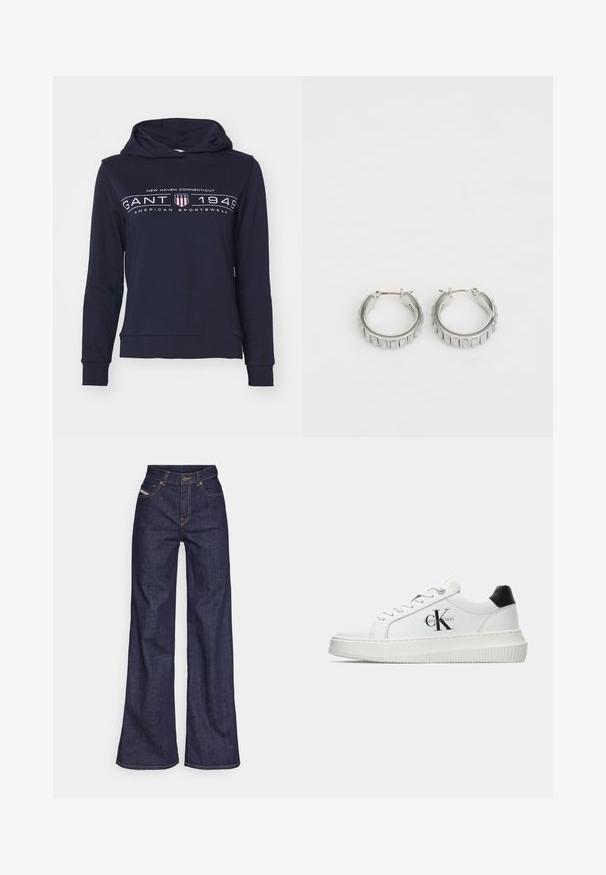 Tmavě modrá mikina s kapucí vyrobená z bavlněné směsi, s vysokým límcem, dlouhými rukávy a potištěným předním dílem s textem a detaily loga.; Tmavě modré džíny s širokým střihem vyrobené z denimové tkaniny, s vysokým pasem, oranžovým prošíváním, pěti kapsami a zapínáním na knoflík.; Bílé nízké tenisky s černým patním tabem, platformovou podrážkou, tkaničkami a logem Calvin Klein "CK" na boku.; Stříbrné kruhové náušnice s texturovaným designem a vertikálními drážkami. Kulatý tvar s pevným uzávěrem. Hladký povrch.