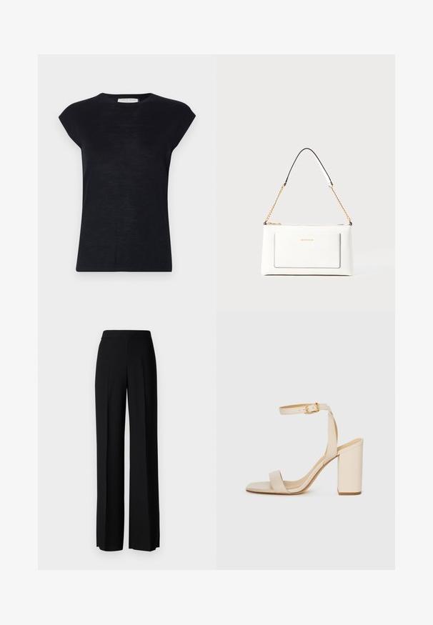 Tiger of Sweden MARISO - Vesta - light ink; Crne široke hlače s glatkom teksturom, s visokim strukom i središnjim pregibima. Nema vidljivih uzoraka ili hardverskih detalja.; Bež sandale na visoku petu s kvadratnim vrhom, tankim remenom oko gležnja i blok petom. Glatka kožna tekstura s detaljem zlatne kopče.; Bijela kožna torba s teksturiranim završetkom, koja ima zlatni lančić i crne akcentne detalje. Uključuje prednji džep i zatvaranje na patentni zatvarač.