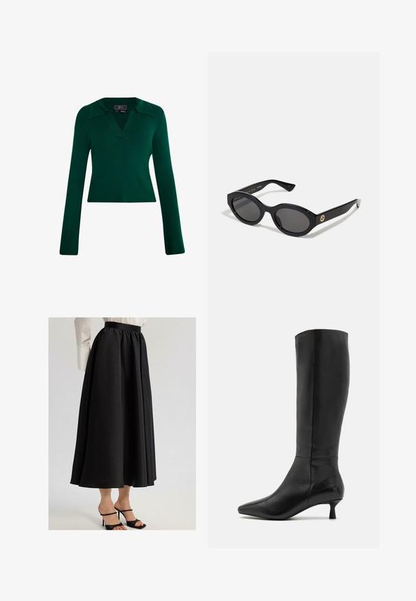 Groene ribgebreide pullover met lange mouwen, een V-hals en een kraagontwerp. Beschikt over een aansluitende silhouet met een gladde textuur.; Zwarte maxi-rok van gladde stof, met een geraffineerde tailleband en vloeiende uitstraling, gecombineerd met zwarte sandaaltjes met bandjes.; Zign Laarzen - black; Zwarte ovale zonnebril met donkere glazen en een glanzend kunststof frame. Heeft een gouden logo op de poot, dat een strakke en moderne uitstraling biedt.