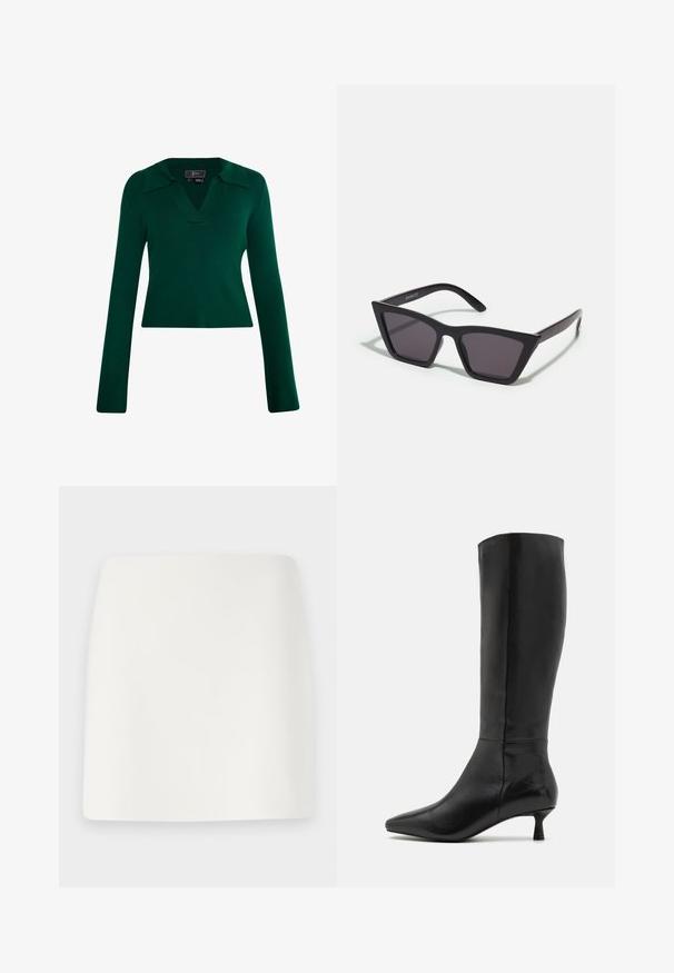 Green ribbed knit pullover with long sleeves, a V-neck, and a collared design. Features a fitted silhouette with a smooth texture.; White, fitted mini skirt with a smooth texture and clean lines. No visible patterns or hardware. Straight hem at the bottom.; Zign Boots - black; Black, angular sunglasses with gray lenses; made of plastic, featuring thick arms with a smooth surface and no visible hardware.; Black suede clutch bag with a zip closure and detachable wrist strap. Features gold-tone hardware and a smooth, matte texture.