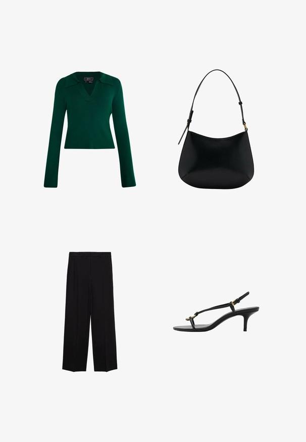 Pulover verde tricotat cu nervuri, cu mâneci lungi, de tip V și cu un design cu guler. Prezintă o siluetă ajustată cu o textură netedă.; Pantaloni negri cu croială largă dintr-un material neted, cu pliseuri în față și buzunare laterale, concepuți cu o croială dreaptă și relaxată.; Sandal cu toc kitten din piele neagră, cu curele subțiri, cataramă aurie și buclă minimalistă pentru degetele de la picioare, pe un fundal alb.; Geantă de umăr din piele neagră, cu o textură netedă, formă curbată și mânere ajustabile. Prezintă cusături minime și un design simplu.