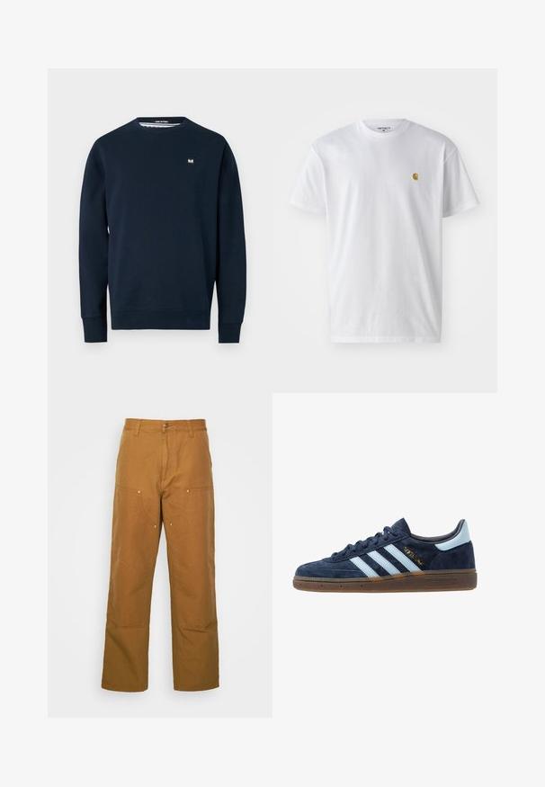 Laulu sininen huppari, joka on valmistettu pehmeästä kankaasta. Hupparissa on pyöreä pääntie, pitkät hihat ja pieni brändätty etiketti rinnassa. Sileä rakenne.; Valkoinen puuvillapaita lyhyillä hihoilla, pyöreä kaula-aukko, jossa on pieni kultainen logo vasemmassa rintapielessä. Pehmeä kangas ja normaali istuvuus.; Ruske puuvillased utiliitpüksid sirge jala lõikega, millel on ees taskud ja metallist detailid lisakestvuse tagamiseks.; Adidaksen tummansininen mokkanahkakengät vaaleansinisin raidoitta, kumipohja, vaaleansininen kantatuki ja kultainen "Spezial" -merkintä sivussa.