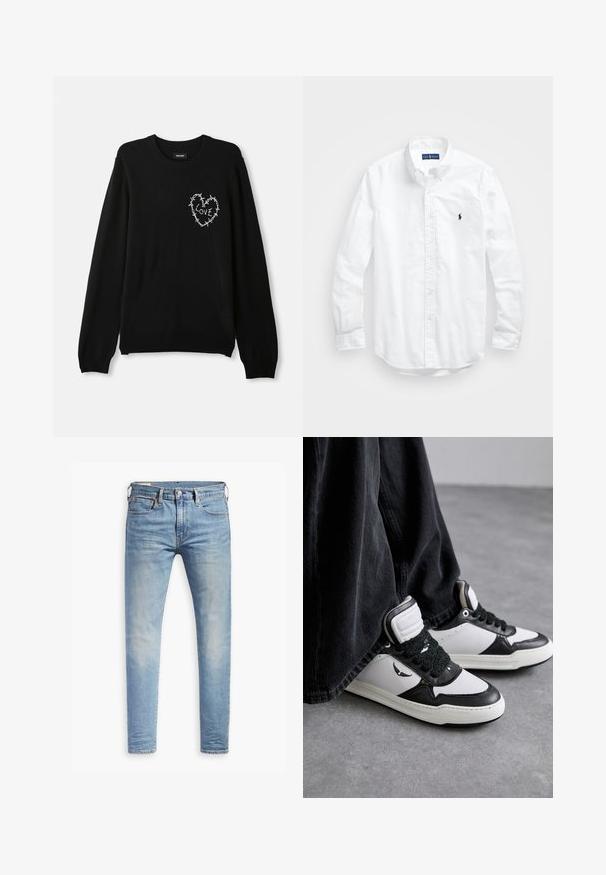 Zwart sweater met een ronde hals, lange mouwen en een witte geborduurde hartontwerp versierd met prikkeldraad en het woord "LOVE."; Witte lange mouwen overhemd van katoen. Voorzien van een klassiek kraag, knopenmanchetten en een klein marineblauw geborduurd logo op de borst.; Lichtblauwe slim-fit jeans met een lichte vervaging op de dijen, knoopsluiting aan de voorkant, riemlussen en vijf-pocket styling op een witte achtergrond.; Zwart-witte hoge sneakers met een gestructureerde zwarte vetersluiting, gemaakt van leer en synthetisch materiaal, met een logo aan de zijkant.