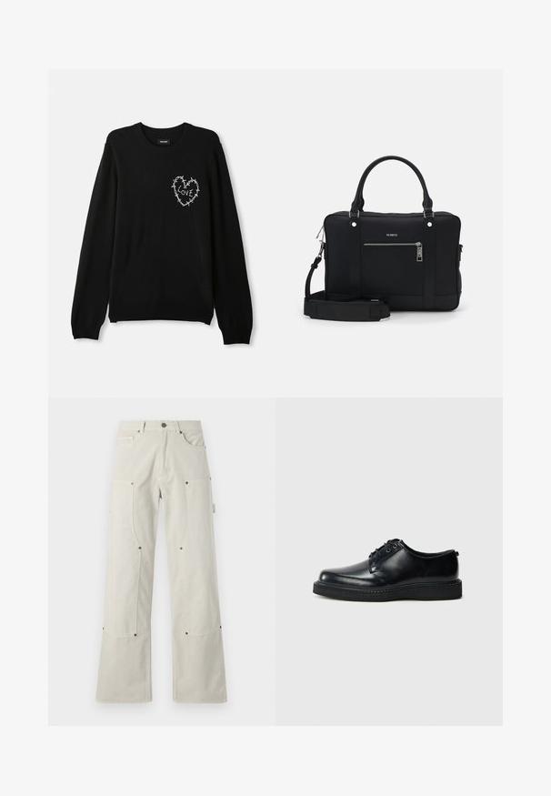 Čierny sveter s okrúhlym výstrihom, dlhými rukávmi a bielym vyšívaným srdcom doplneným o ostnatý drôt a slovom "LÁSKA".; Široké béžové nohavice vyrobené z bavlny s hladkým povrchom, s náprsnými vreckami a kovovými detailmi.; Čierne kožené šnurovacie topánky s okrúhlou špičkou, hladkým povrchom a textúrovanou čiernou gumovou podrážkou. Minimalistický dizajn bez viditeľných vzorov.; Čierna syntetická taška cez rameno s dvoma rúčkami, odnímateľným ramenným popruhom, prednou vreckom na zips a striebornými kovovými akcentmi.