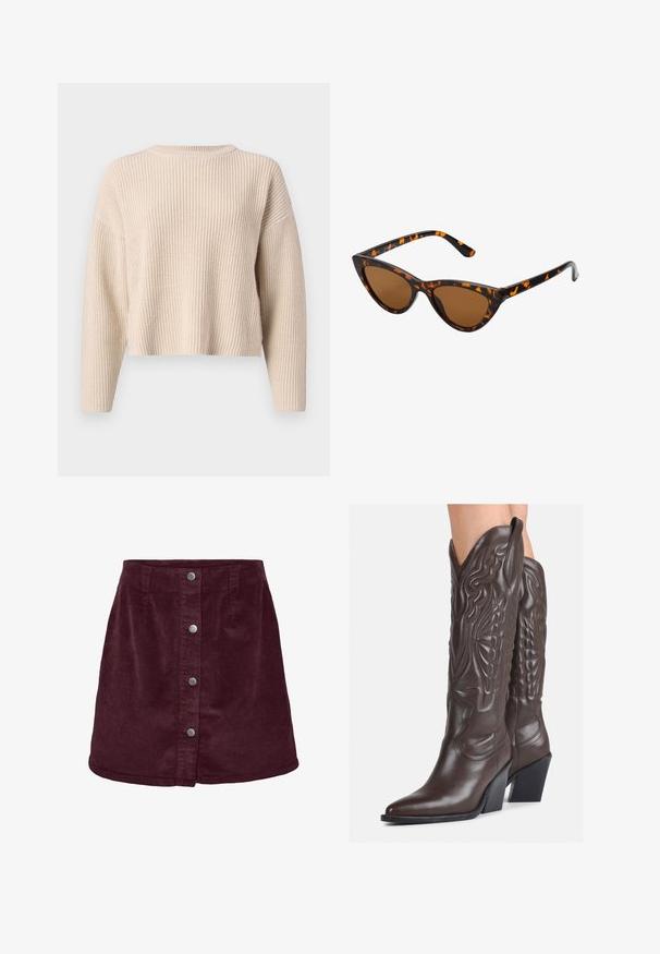 Maglione beige lavorato a maglia con scollo rotondo, maniche lunghe e vestibilità comoda. Presenta una texture a costine e un orlo accorciato.; Gonna mini in corduroy bordeaux a forma di a, con cinque bottoni argentati lungo la parte anteriore e una sottile texture a righe.; Stivali da cowboy in pelle marrone con punta affusolata e tacco a blocco, caratterizzati da dettagliati ricami e accenti rialzati sul gambale.; Occhiali da sole cat-eye con una montatura tartarugata nera e arancione, lenti marroni e punte affusolate e eleganti. Presentano un logo minimale sulla asta.