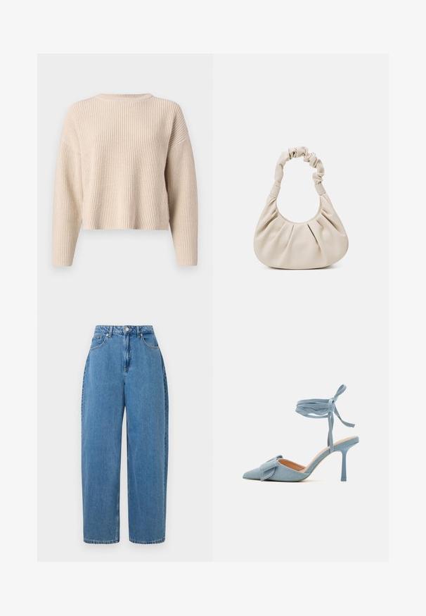 Beige strikket genser med rund hals, lange ermer og avslappet passform. Har ribbestruktur og en cropped hem.; Lyseblå denimbukser med rett passform, høy midje og frontlukking med knapp. Har fem lommer og minimale sømdetaljer.; Pekepusted hæl sko i lyseblå stof med en tekstureret finish, med en sløjfeaccent og ankelrem for en sikker pasform.; Beige falsk lærhåndveske med en samlet håndtak, pregede detaljer og myk tekstur. Kompakt og rund form, designet for hånd- eller armebæring.