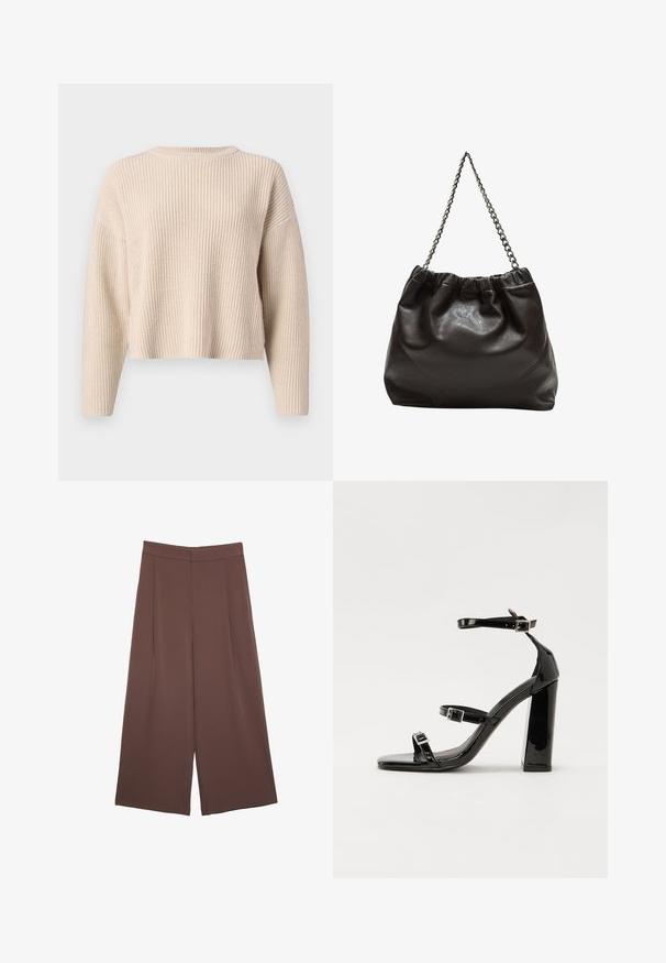 Pull en tricot beige avec un col rond, des manches longues et une coupe décontractée. Présente une texture côtelée et un ourlet court.; Pantalons larges marron avec une texture lisse, dotés d'une taille haute et de plis à l'avant. Le tissu est léger et tombe de manière fluide.; Sandales à talons vernies noires avec un bout carré, des sangles autour de la cheville et des boucles en argent. Dotées d'un talon bloc épais pour plus de stabilité.; Sac en cuir marron avec un haut froncé et une bandoulière en chaîne. Texture lisse avec une finition brillante et des coutures subtiles sur les côtés.