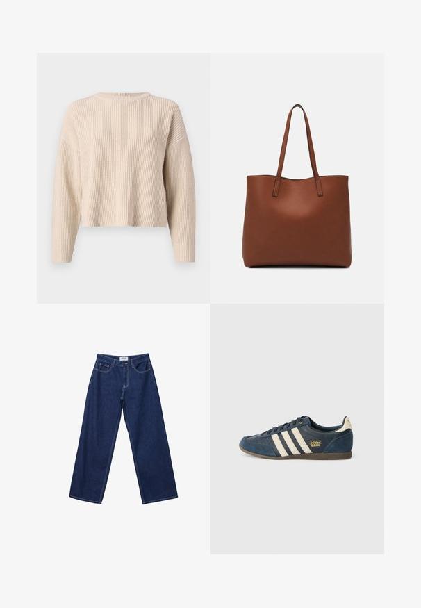 Beige pletený svetr s kulatým výstřihem, dlouhými rukávy a volným střihem. Má žebrovanou strukturu a zkrácený lem.; Široké tmavě modré džíny z denimu s knoflíkovým zapínáním, pěti kapsami a kontrastním bílým šitím. Tkanina má hladký, mírně texturovaný povrch.; Námořnické modré semišové tenisky s krémovými pruhy, texturovanou špičkou, zlatým logem "adidas JAPAN" a hnědou gumovou podrážkou. Klasický nízký střih.; Hnědá kožená taška přes rameno s hladkou texturou, otevřeným designem a dvěma ramenními popruhy. Obsahuje minimální švy a žádné viditelné kovové prvky.