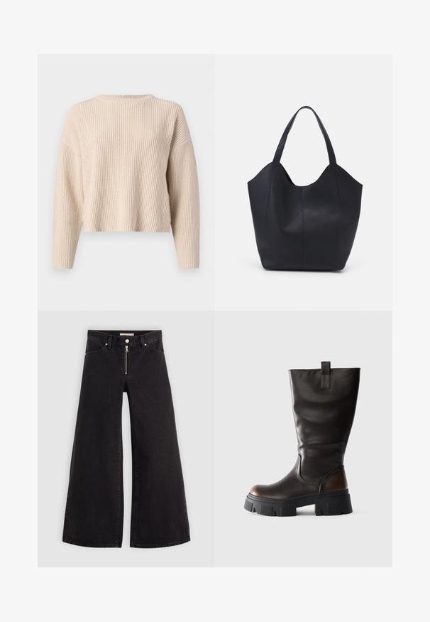 Beige kampsweater, mille ümar kaelus, pikad varrukad ja mugav lõige. Omab soonikstruktuuri ja lühendatud hemmi.; Laiad teksad mustast denimist, millel on lukuga eesmine osa, viie taskuga disain ja peened õmblusdetailid. Sile tekstuur ja juhuslik stiil.; Karmine must nahkboot, millel on jäme must platvormkand ja pruun aktsent kontsal, külgvaates heledal hallil taustal.; Must must kinnas must rinna, millel on kaarjas avatud ülemine osa, kaks õlarihma ja minimalistlik disain.