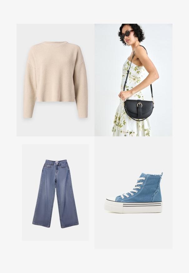 Beige kötött pulóver kerek nyakkivágással, hosszú ujjakkal és lazán illeszkedő szabással. Ribbelt textura és rövidített fazon jellemzi.; Széles szárú farmernadrág világoskék mosásban, magas derékkal, elülső zsebekkel és gombos záródással, övlyukakkal.; Világos kék farmerből készült, magas szárú sportcipők fehér fűzővel. Fehér platform talppal rendelkezik fekete csíkokkal és rojtos bokakollárral.; Fekete bőrtáska ívelt formával, levehető pánttal és arany színű fémrészekkel. A táskán egy csattal díszített fedél található.